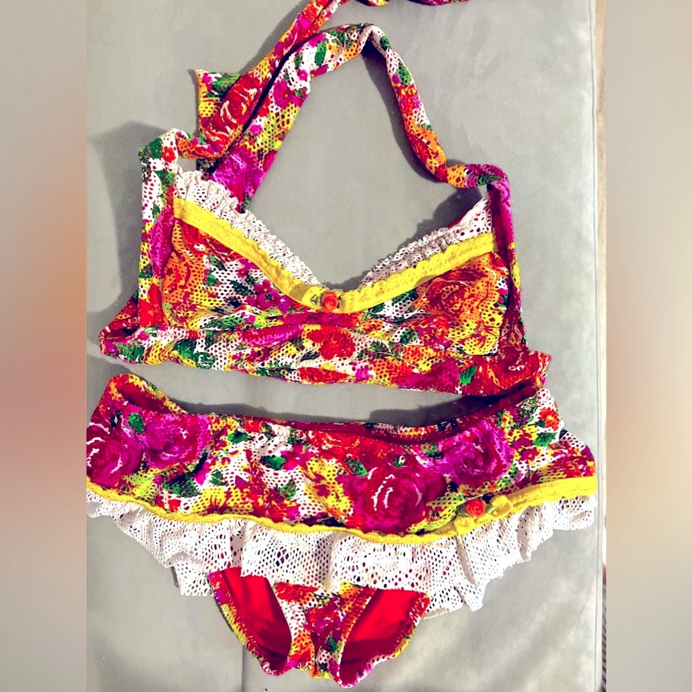 COPY - Betsey Johnson’s Pink/ Orange Slice Rose Crochet 3 piece Swimsuit Collec…